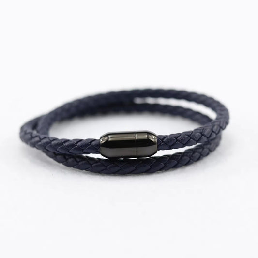 STARRY TWINE DARK BLUE - American Style Genuine Braided Leather Bracelet with Stainless Steel Clasp Magnetic Buckle for Men & Boy (8 inch)