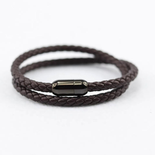 STARRY TWINE BROWN - American Style Genuine Braided Leather Bracelet with Stainless Steel Clasp Magnetic Buckle for Men & Boy (8 inch)