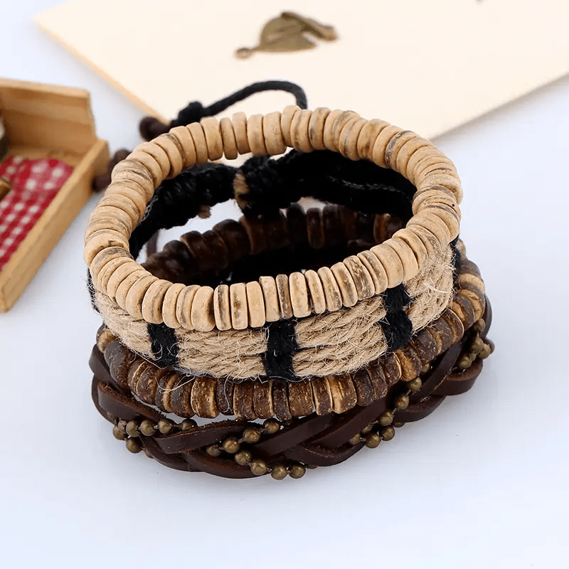 EARTHBOUND CUFFS - 4 Pcs Brown Genuine Braided Leather Bracelet Set for Men & Boys (8 inch)