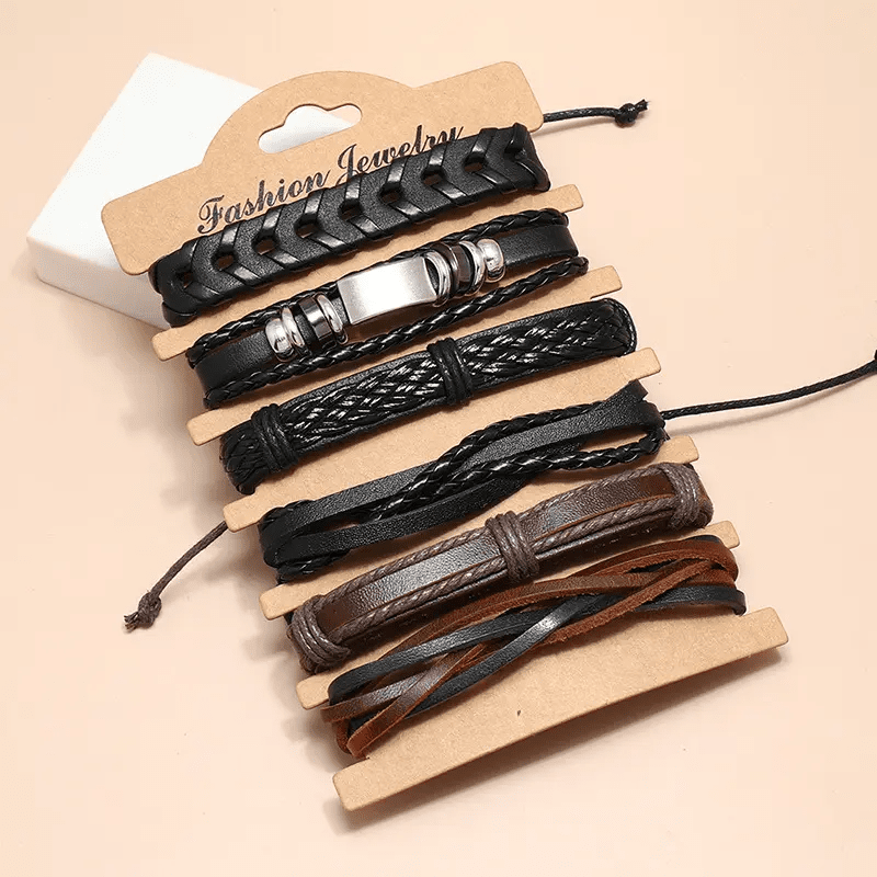 DRIFTWOOD WRAP - 6 Pcs Genuine Braided Leather Bracelet Set for Men & Boys (8 inch)