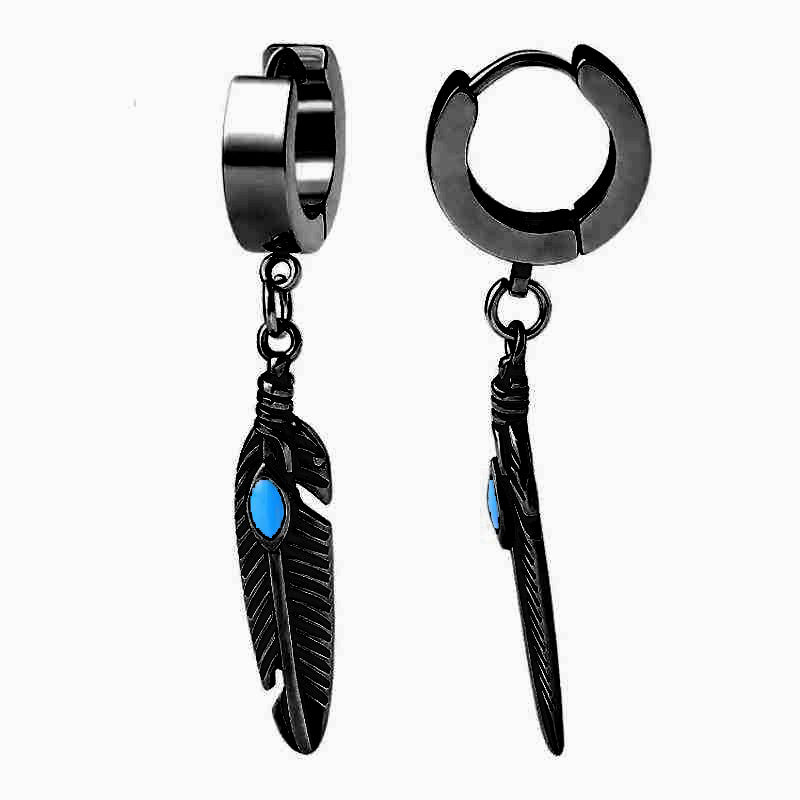 FEATHER BLACK - Titanium Steel Hoop Earrings for Men & Boys