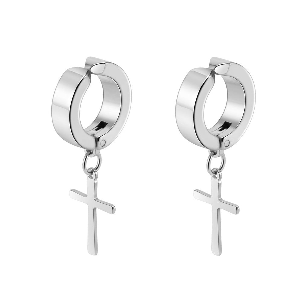 DANGLING CROSS SILVER - Non-Piercing Pure Titanium Steel Earring for Men & Boys