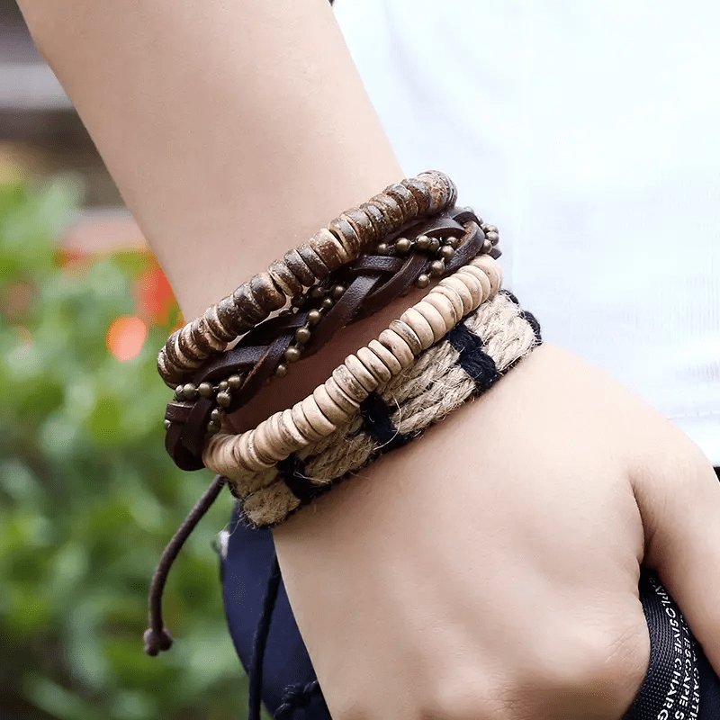 EARTHBOUND CUFFS - 4 Pcs Brown Genuine Braided Leather Bracelet Set for Men & Boys (8 inch)