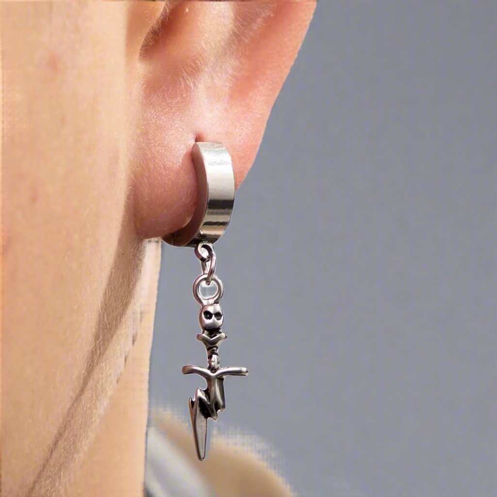 SKULL DAGGER SILVER - Pure Titanium Steel Ear Hoop Earrings for Men & Boys