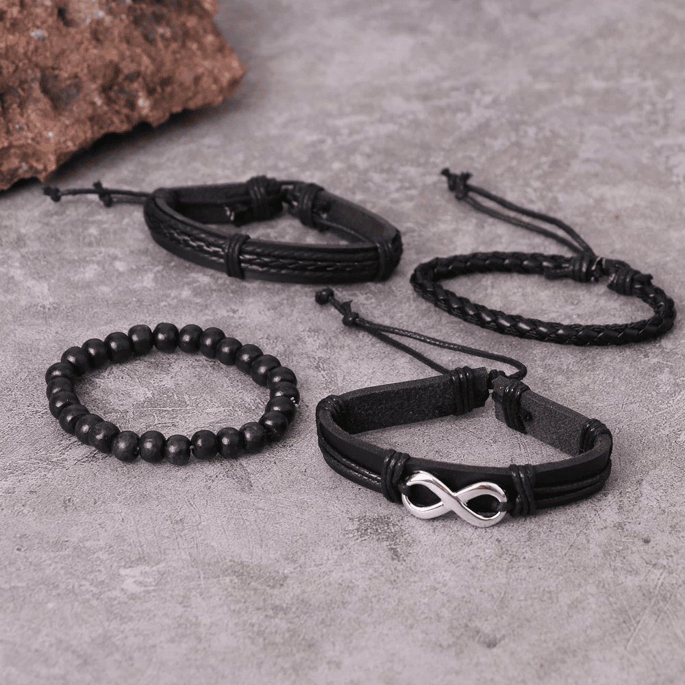 QUADRA-FUSION INFINITY SILVER - 4 Pcs Black Genuine Braided Leather Bracelet Set, Tribal Woven Ethnic Wrap Infinity Bracelet for Men & Boys (8 inch)