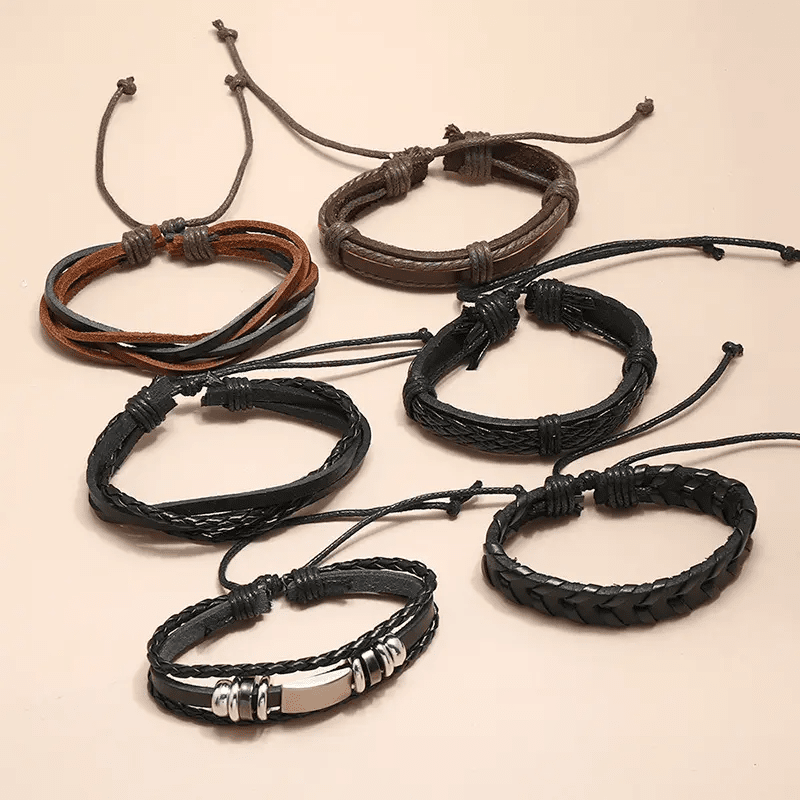 DRIFTWOOD WRAP - 6 Pcs Genuine Braided Leather Bracelet Set for Men & Boys (8 inch)