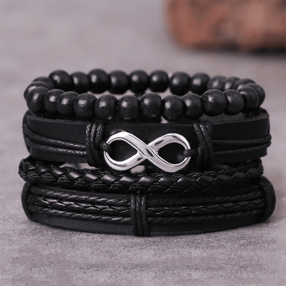 QUADRA-FUSION INFINITY SILVER - 4 Pcs Black Genuine Braided Leather Bracelet Set, Tribal Woven Ethnic Wrap Infinity Bracelet for Men & Boys (8 inch)