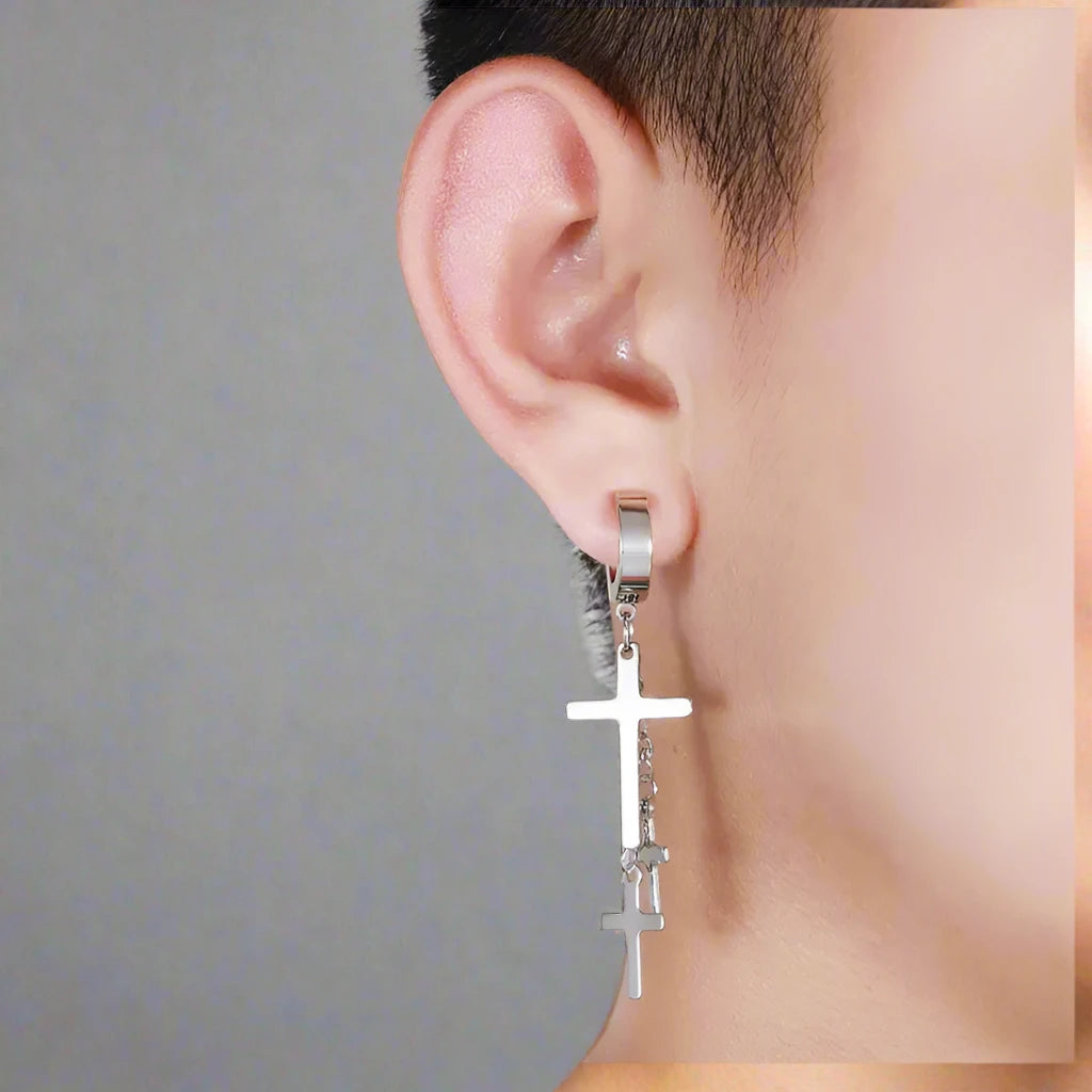 FLARE CROSS SILVER - Titanium Steel Stud Earrings for Men & Boys