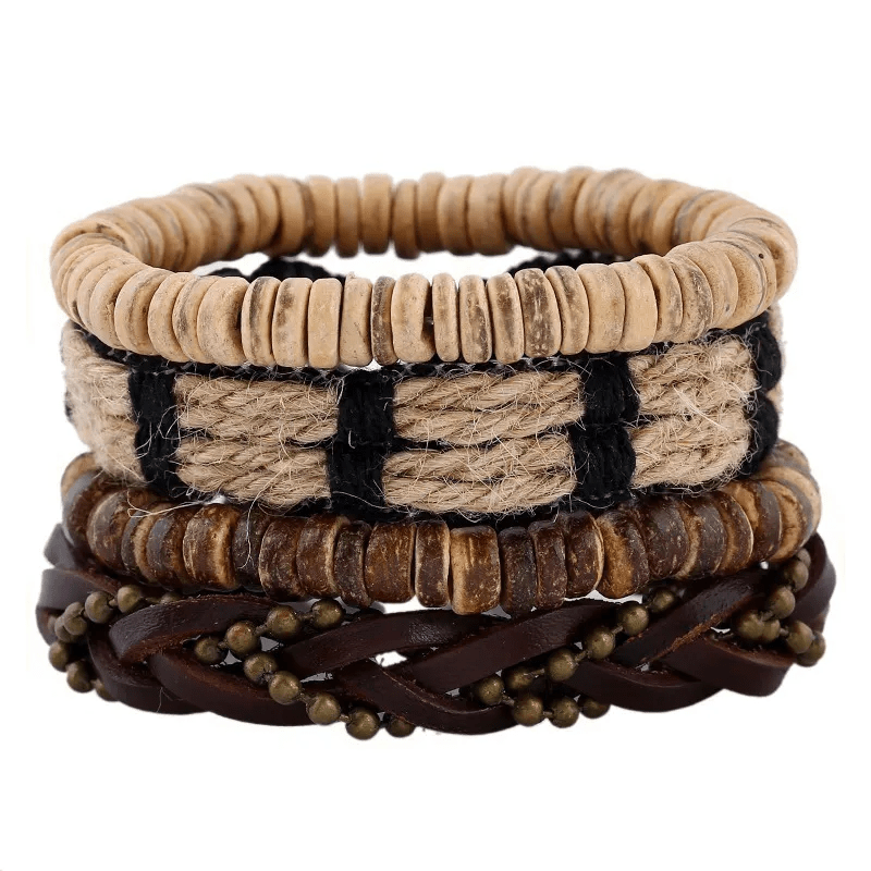 EARTHBOUND CUFFS - 4 Pcs Brown Genuine Braided Leather Bracelet Set for Men & Boys (8 inch)