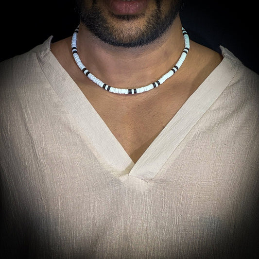 White Earthy Appeal - Beaded Necklace Black & White For Men Boys (20 Inch With Adjustable Cable