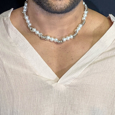 TWISTED KNOT - Italian Styled Pearl with Twist Metal Knot Choker Necklaces for men and boys (20 Inch)