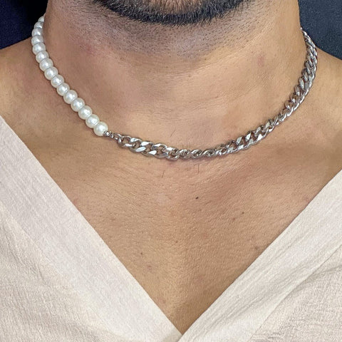 OPULENT ORBIT - Stylish Pearl Necklace with Cuban Chain Fusion Necklaces for Men and Boys (17 Inch)