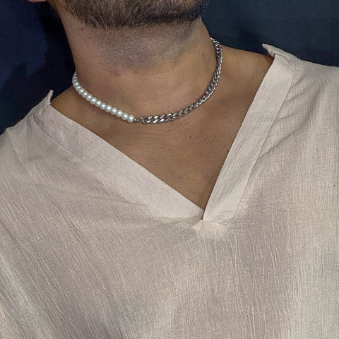OPULENT ORBIT - Stylish Pearl Necklace with Cuban Chain Fusion Necklaces for Men and Boys (17 Inch)