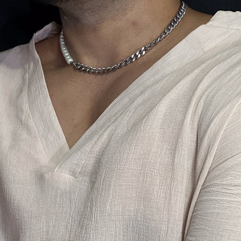 OPULENT ORBIT - Stylish Pearl Necklace with Cuban Chain Fusion Necklaces for Men and Boys (17 Inch)