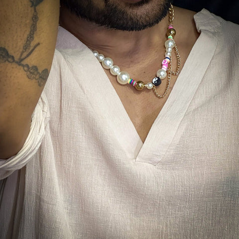DARE TO WEAR PEARL -  Pearl Necklace for Men - Half Pearl Half Gold Toned Chain Necklace for Mens & Boys (21 inch with adjustable cable chain)