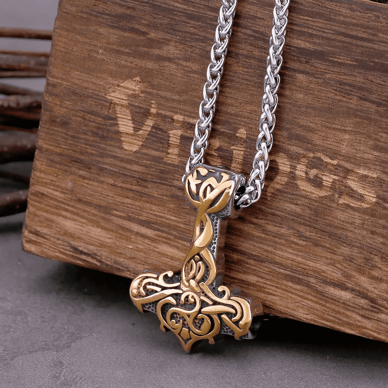 VIKING RUNES THOR HAMMER GOLD - Pure Titanium Steel Necklace with 24 inch Chain for Men & Boys