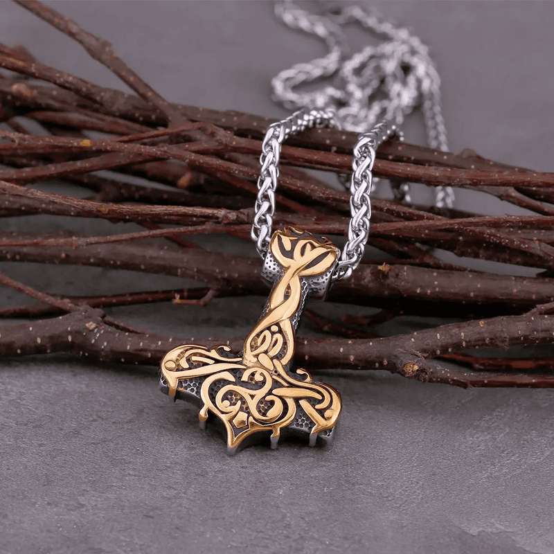 VIKING RUNES THOR HAMMER GOLD - Pure Titanium Steel Necklace with 24 inch Chain for Men & Boys