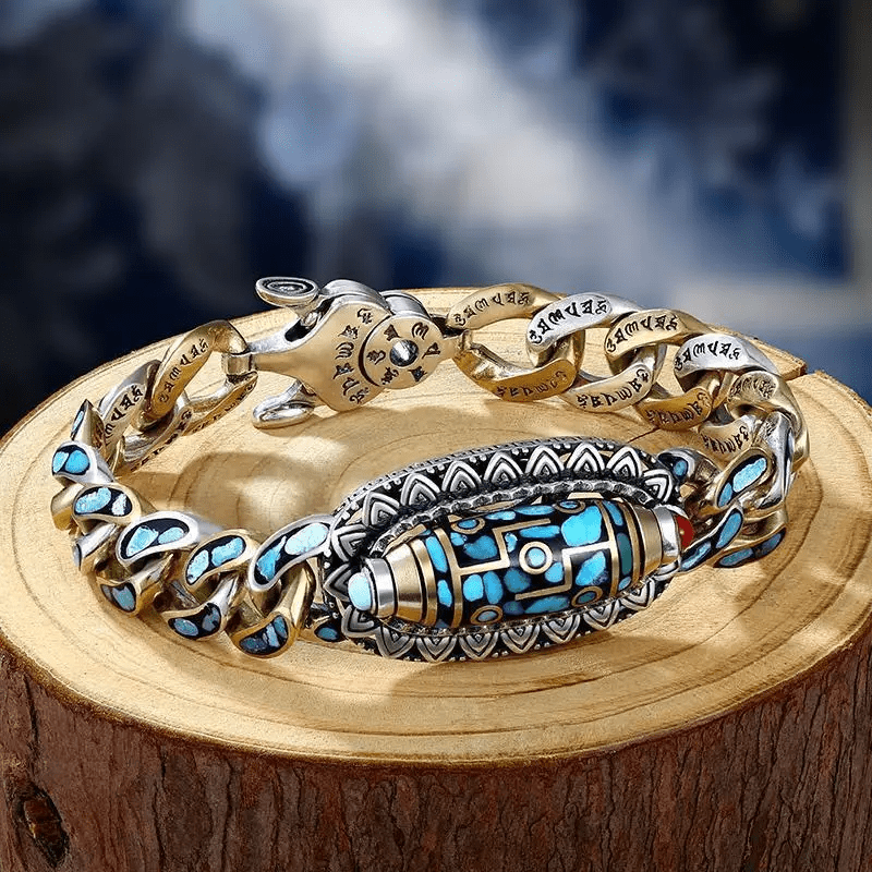 TURQUOISE NINE-EYED DZI - 12mm Pure Copper Bracelet with Box Clasp for Men & Boys (8 inch)