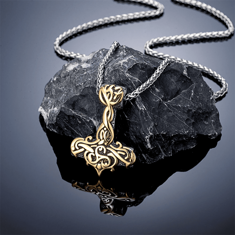 VIKING RUNES THOR HAMMER GOLD - Pure Titanium Steel Necklace with 24 inch Chain for Men & Boys