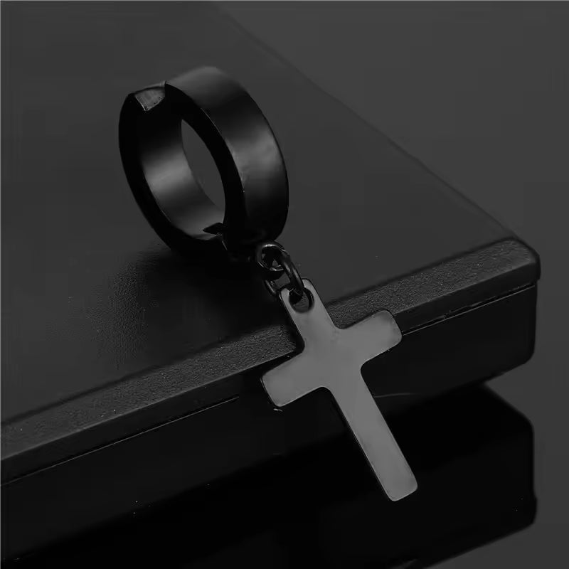 SHADOW CROSS - BLACK - Pure Titanium Steel Ear Hoop Earrings for Men & Boys