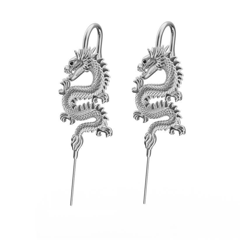 DRAGON KING- Pure Titanium Steel Ear Crawler Hook Pin Cuff Earrings for Men & Boys