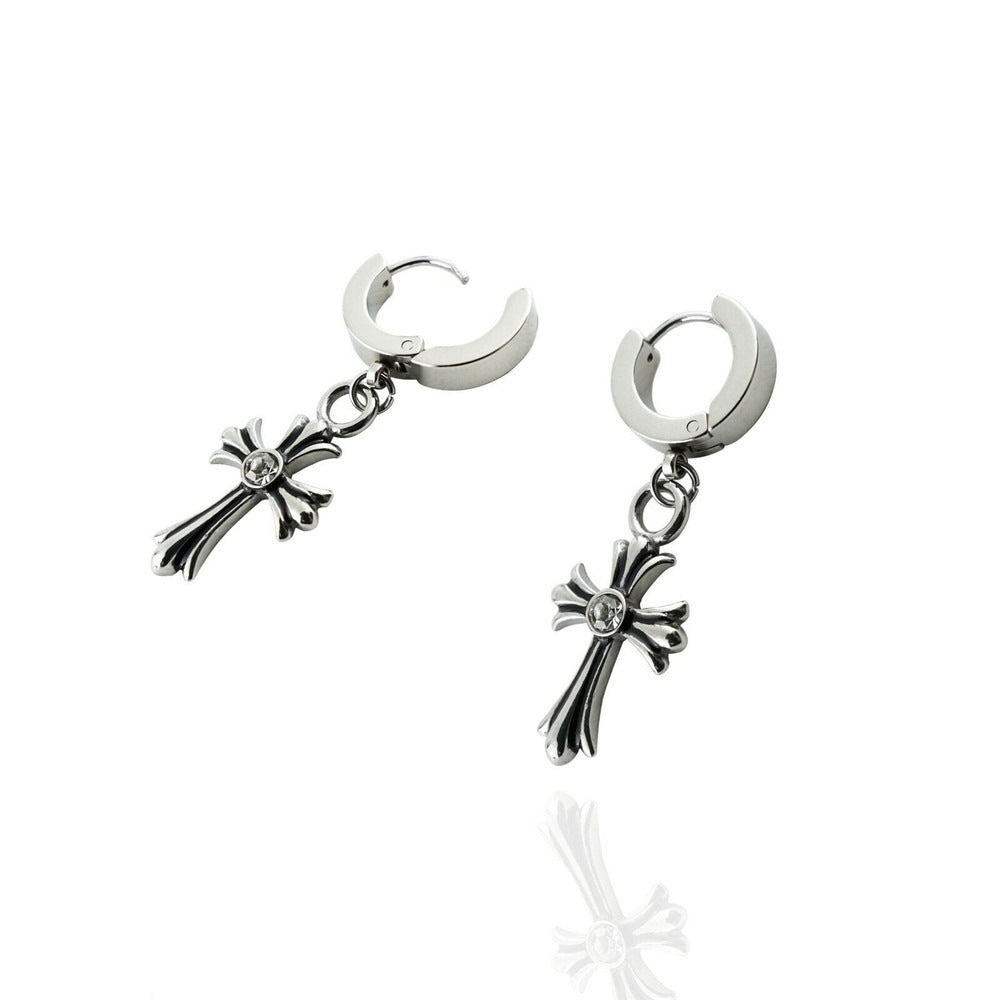 CROSS CIRCLE SILVER - Titanium Steel Hoop Earrings for Men & Boys