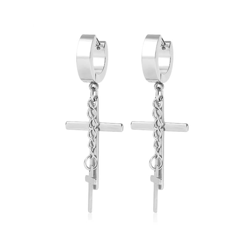 DOUBLE CROSS NOIRCHAIN SILVER - Titanium Steel Hoop Earrings for Men & Boys