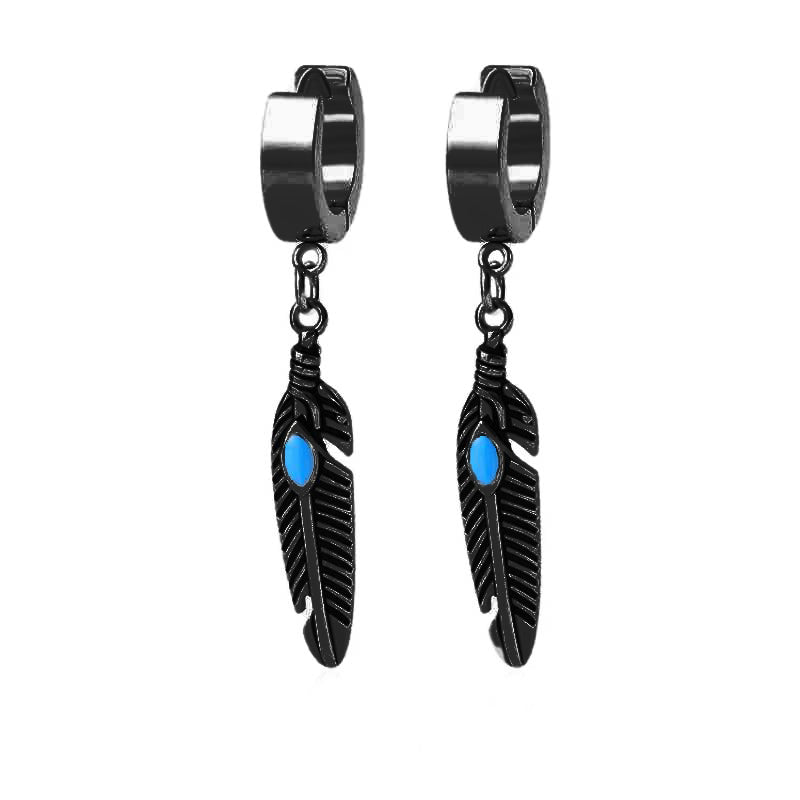 FEATHER BLACK - Titanium Steel Hoop Earrings for Men & Boys