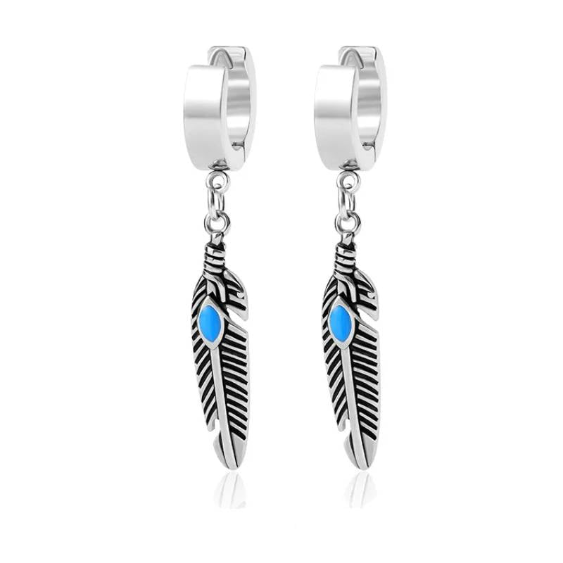 FEATHER SILVER - Titanium Steel Hoop Earrings for Men & Boys