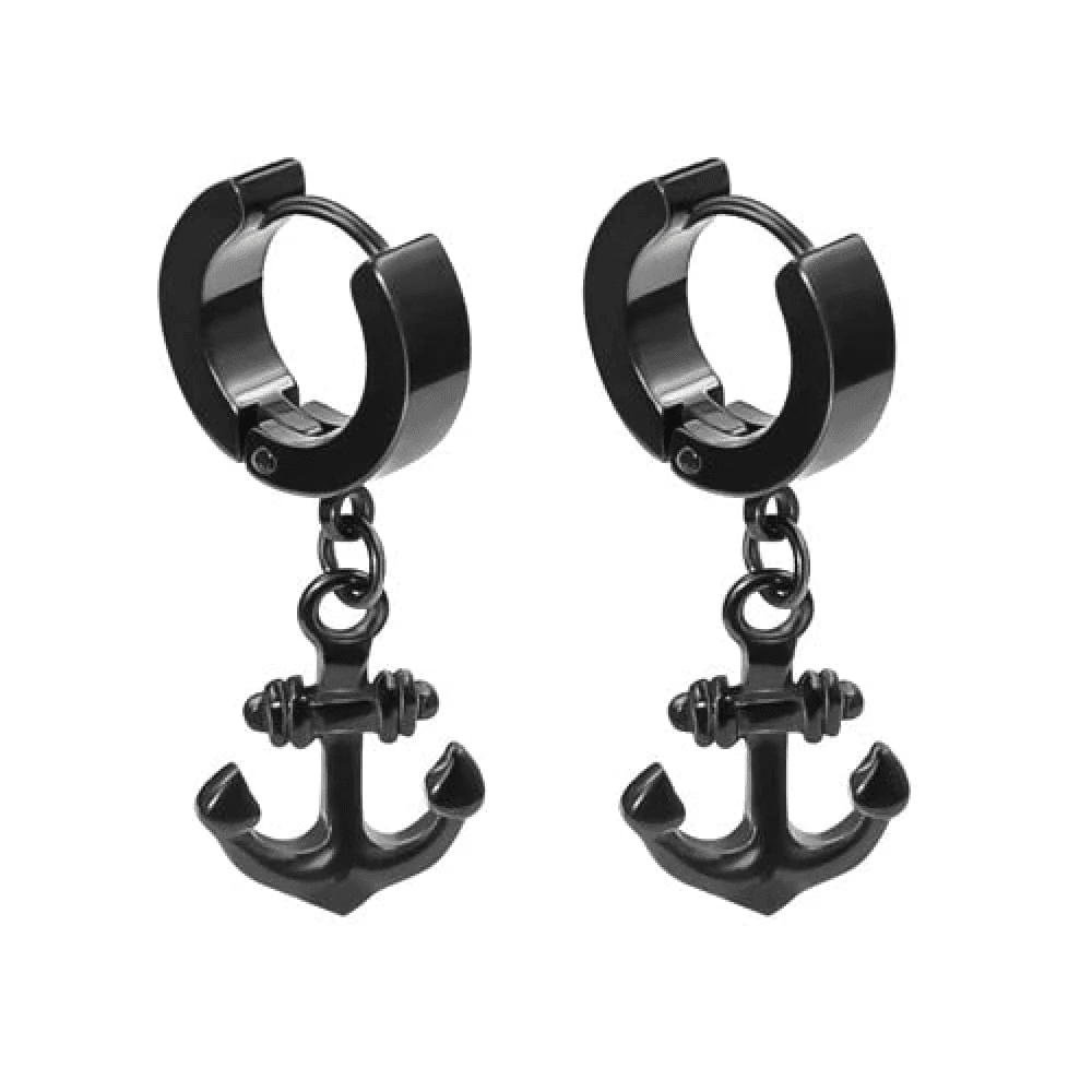 AQUALOCK ANCHOR BLACK - Pure Titanium Steel Ear Hoop Earrings for Men & Boys