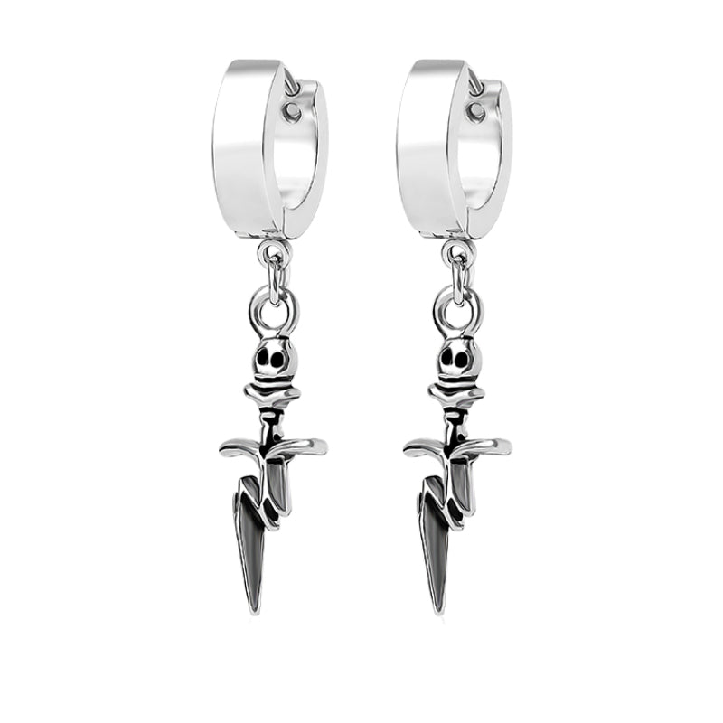 SKULL DAGGER SILVER - Pure Titanium Steel Ear Hoop Earrings for Men & Boys