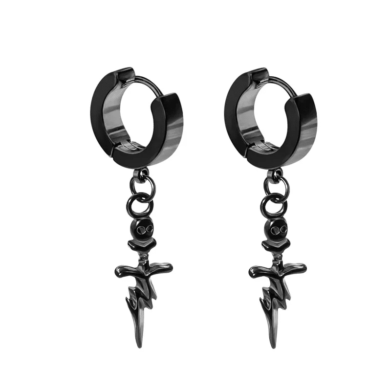 SKULL DAGGER BLACK - Pure Titanium Steel Ear Hoop Earrings for Men & Boys