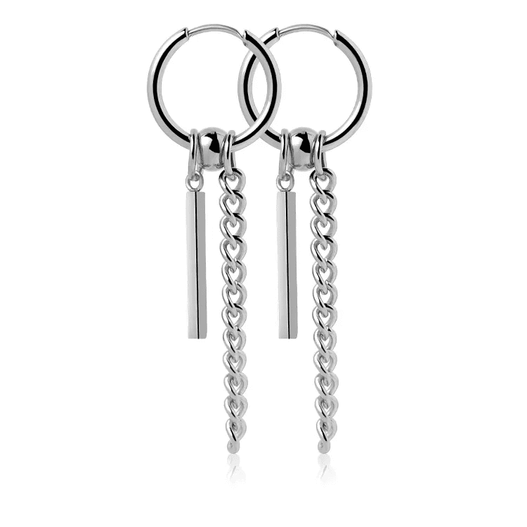 CHAIN AND BAR HUGGIE HOOP SILVER - Pure Titanium Steel Ear Hoop Earrings for Men & Boys