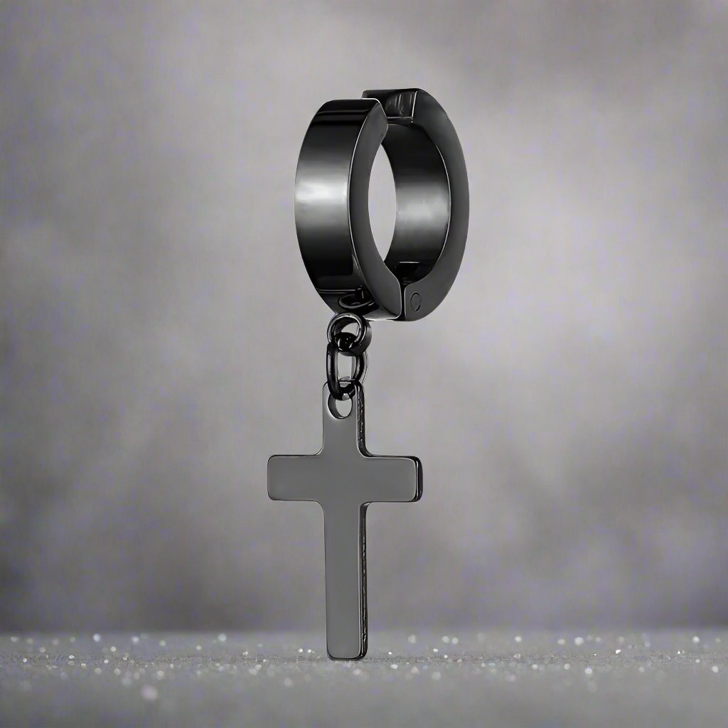 SHADOW CROSS - BLACK - Pure Titanium Steel Ear Hoop Earrings for Men & Boys