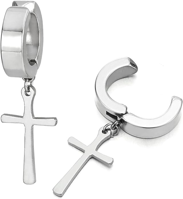 DANGLING CROSS SILVER - Non-Piercing Pure Titanium Steel Earring for Men & Boys