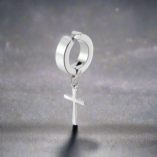 DANGLING CROSS SILVER - Non-Piercing Pure Titanium Steel Earring for Men & Boys