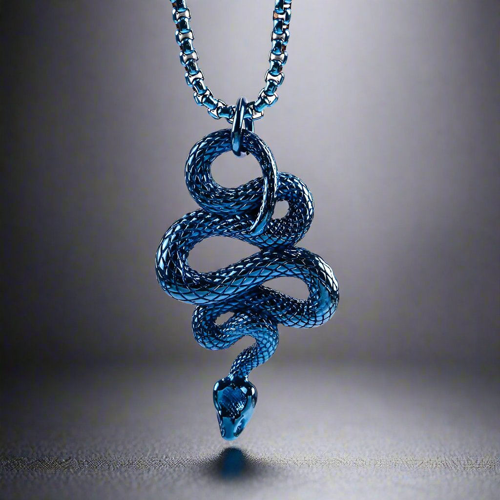 BLUE GUARDIAN SNAKE - Pure Titanium Steel Pendant with 24inch Round Box Chain for Men & Boys