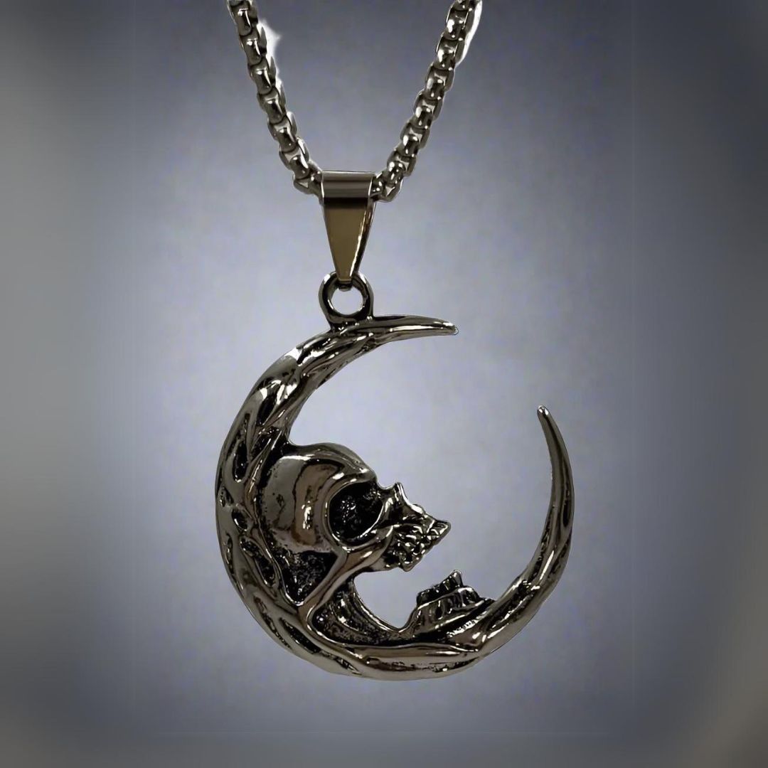 MOON NIGHT SKULL - Alloy Pendant with Stainless Steel  24inch Round Box Chain, European trending Style for Men & Boy