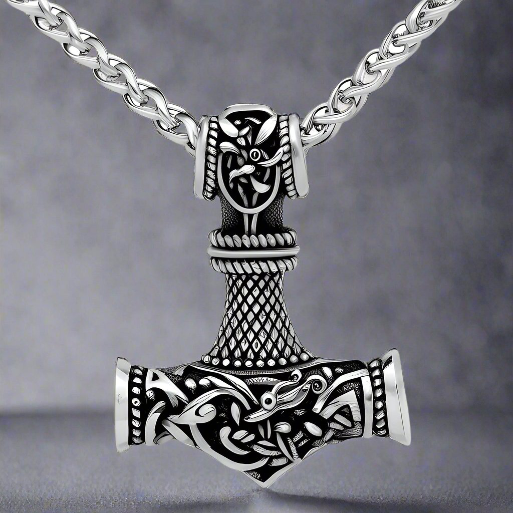 VIKING NORSE GOD HAMMER SILVER  - Pure Titanium Steel Necklace with 24 inch Chain for Men & Boys