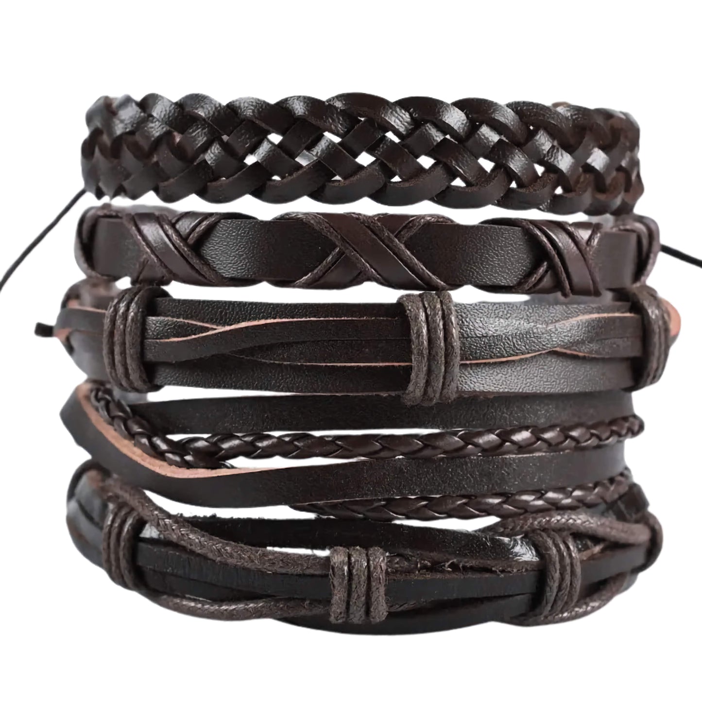 NOMAD KNOTS - 5 Pcs Genuine Braided Leather Bracelet Set for Men & Boys (8 inch)