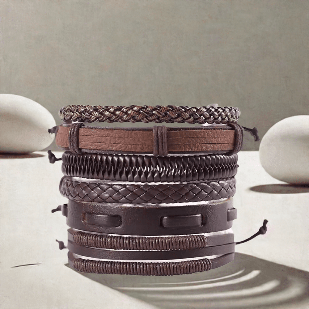 STRING WOVEN - Multi-layer Set Genuine Braided Leather Bracelet Set for Men & Boys (8 inch)