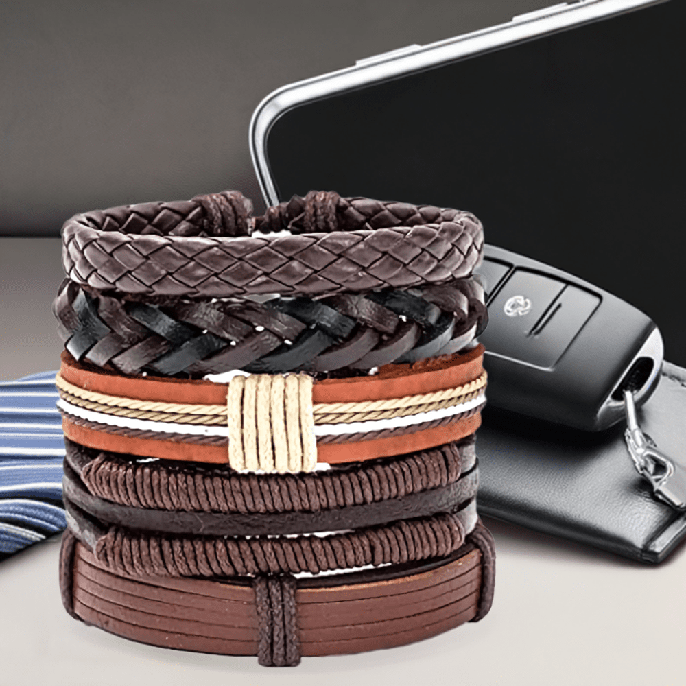 BOUNDEDGE BRACELETS - 5 Pcs Genuine Braided Leather Bracelet Set for Men & Boys (8 inch)