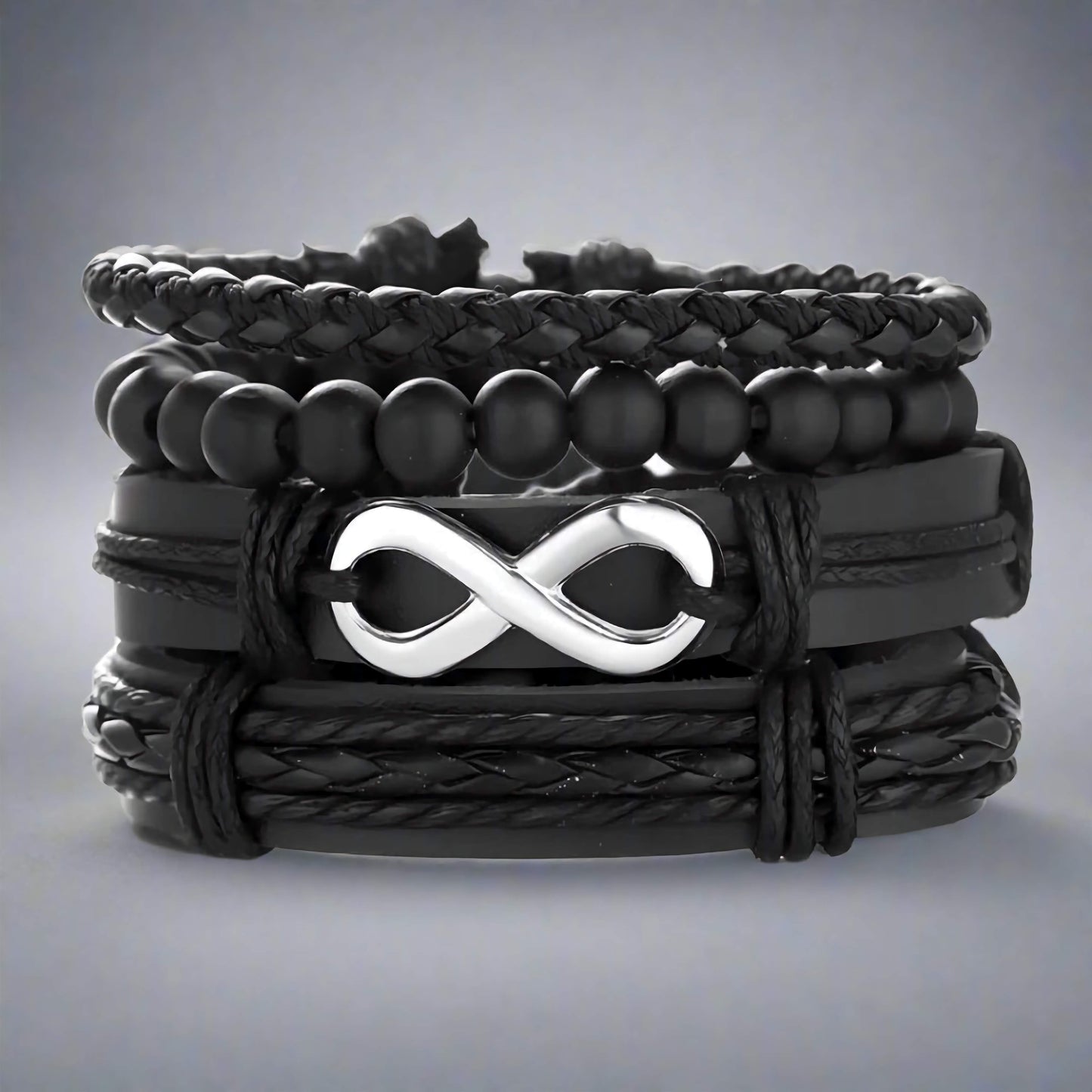 QUADRA-FUSION INFINITY SILVER - 4 Pcs Black Genuine Braided Leather Bracelet Set, Tribal Woven Ethnic Wrap Infinity Bracelet for Men & Boys (8 inch)