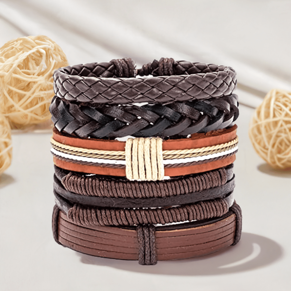 BOUNDEDGE BRACELETS - 5 Pcs Genuine Braided Leather Bracelet Set for Men & Boys (8 inch)