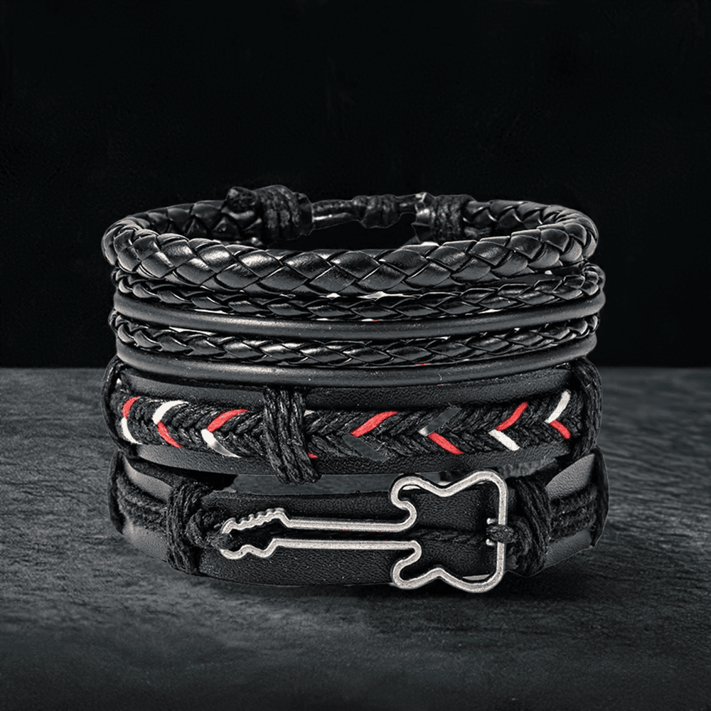 Stylish BLACKFIRE KNOT - Leather Bracelet for Men 4 pcs set featuring genuine braided leather for a bold look.