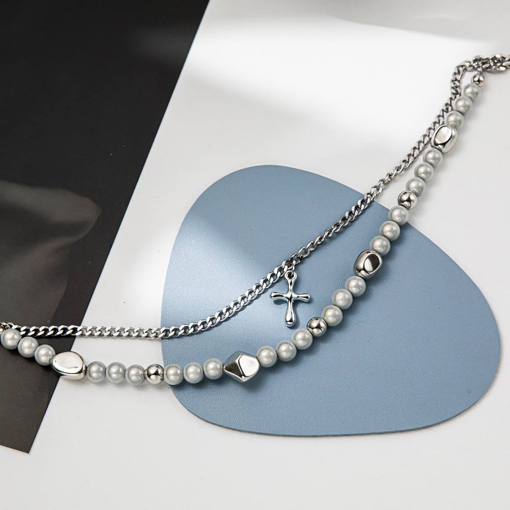 Mire Serenity - Two Layer Necklace With Titanium Steel Chain & Fusion Cuban Pearls Cross Pendant