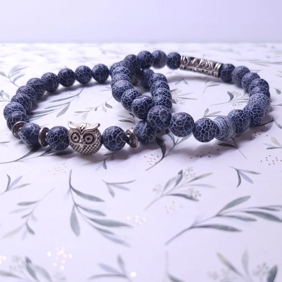 BLUE ONYX OWL - Natural Beads Alloy Stretch Bracelet for Men and Boys