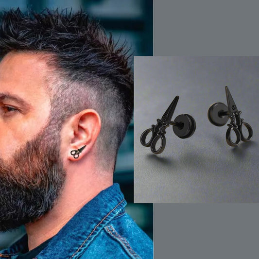 SCISSORS STUDS BLACK - Pure Titanium Steel Piercing Ear Earrings for Men & Boys