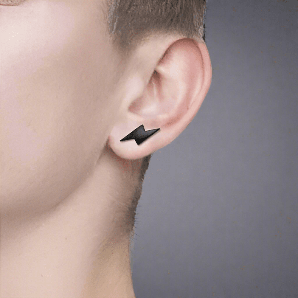 LIGHTNING BOLT BLACK - Pure Titanium Steel Piercing Ear Earrings for Men & Boys