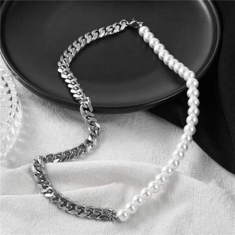 OPULENT ORBIT - Stylish Pearl Necklace with Cuban Chain Fusion Necklaces for Men and Boys (17 Inch)